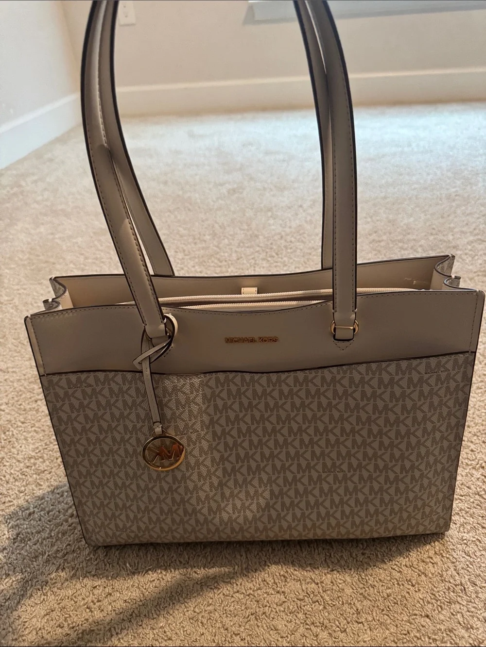 Michael Kors Light Gray MK Logo Tote with Gold Accent